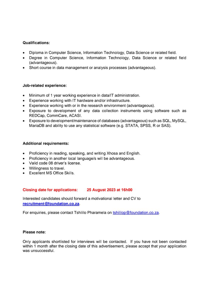 Data Administrator Closing Date : 25 August 2023 Email Application : recruitment@foundation.co.za