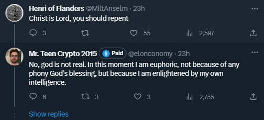 thepantsjackson's tweet photo. @kaylajohnsonatl It's just attention trolling. He literally quotes a famous old Reddit atheist post that has its own Know Your Meme page. https://t.co/ker3issmyp