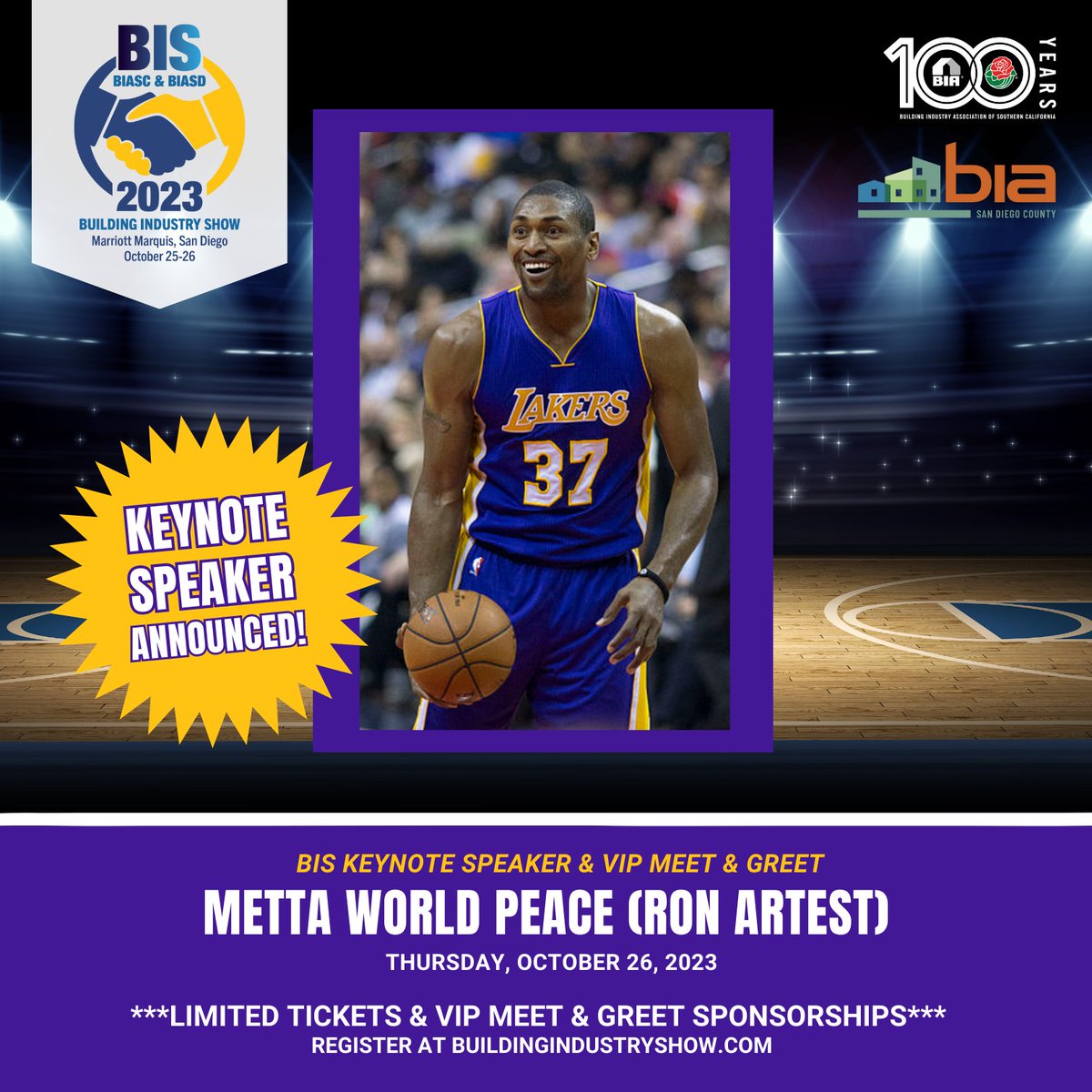 BIASC's tweet image. 📢 KEYNOTE SPEAKER ANNOUNCED! 📢 Hear from former Los Angeles Lakers Star Metta World Peace at the 2023 Building Industry Show co-hosted by @biasandiego! 🎉🏀🎤 Register today at buildingindustryshow.com. #BIASC #BIASanDiego #BuildingIndustryShow #MettaWorldPeace #Lakers