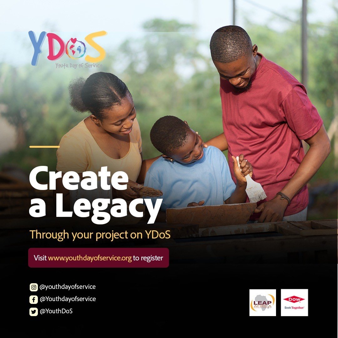 . @YDoS is giving you an opportunity to create a legacy in your community.🤩

Would it be provision of clean water, Clean roads or Gender equality sensitization?🤔

Visit youthdayofservice.org to apply and register a project Now!✅

@LEAPAfrica 
#YouthfulandUseful