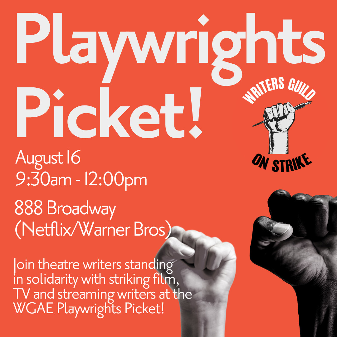 dramatistsguild's tweet image. Theatre writers! Come stand in solidarity with striking film, TV, and streaming writers at the @WGAEast Playwrights Picket:
Wednesday, August 16
9:30am -12pm EDT
888 Broadway (Netflix/Warner Bros)
New York, New York 10003
dramatistsguild.com/news/support-w…
#WGAStrong #Solidarity