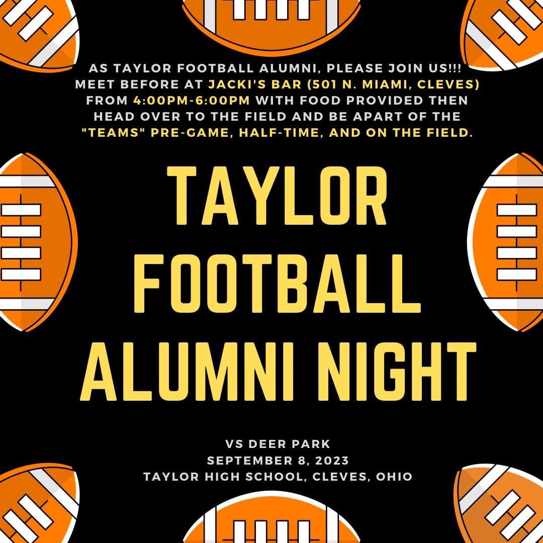 We’d love for all Taylor Football Alumni to join us at Jacki’s Bar September 8th to share war stories &amp; then head over to be apart of the Alumni Night during the game! Tell everyone 😎
