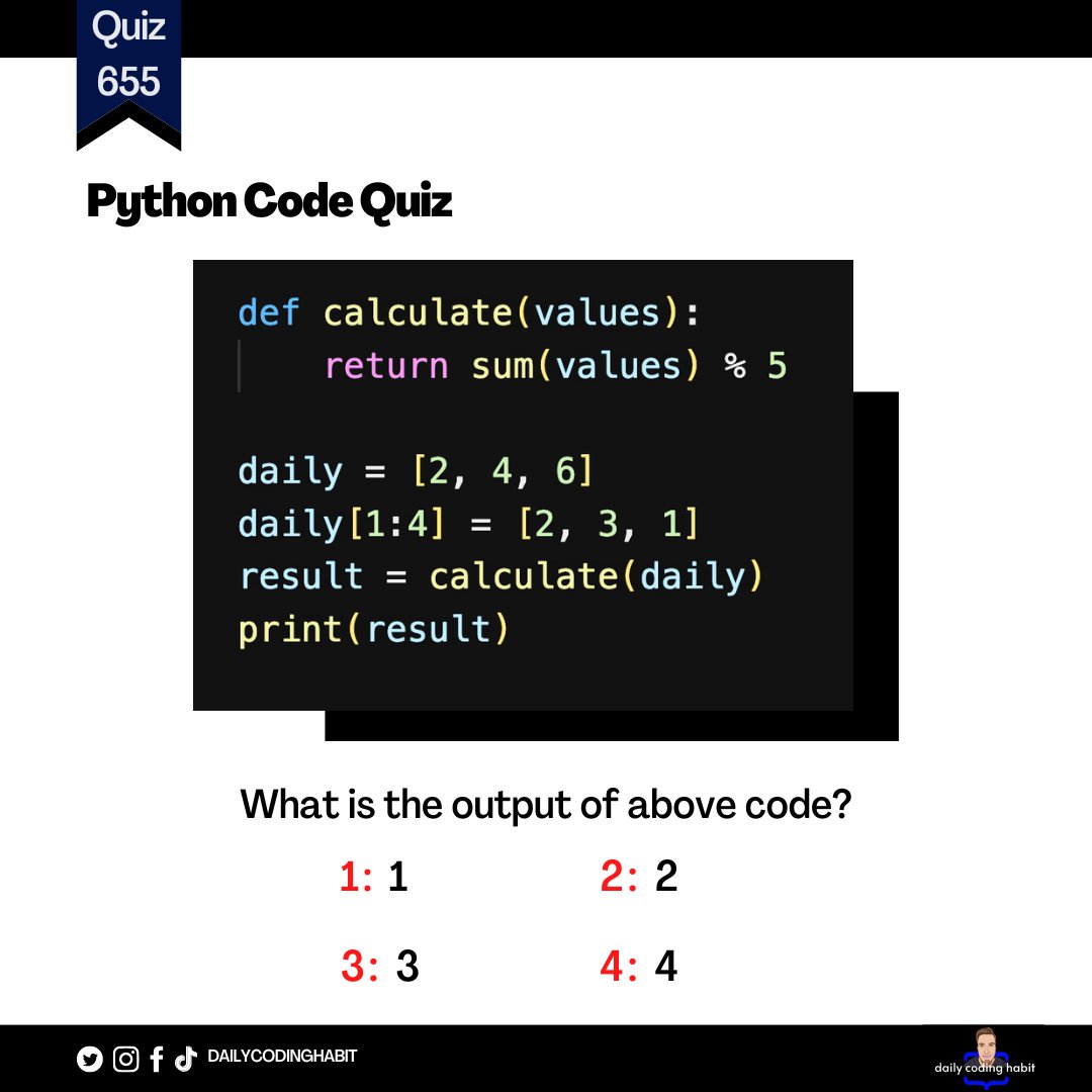 Dailycodinghab1's tweet image. Python Code quiz 
What is the Output? 

#python #py #datascience #machinelearning #ai #ml  #webdeveloper #web #mysql  #tech #devcommunity  #codequiz   #programming #codingchallenge #coding #100DaysOfCode #programmer #dev #dailycodinghabit