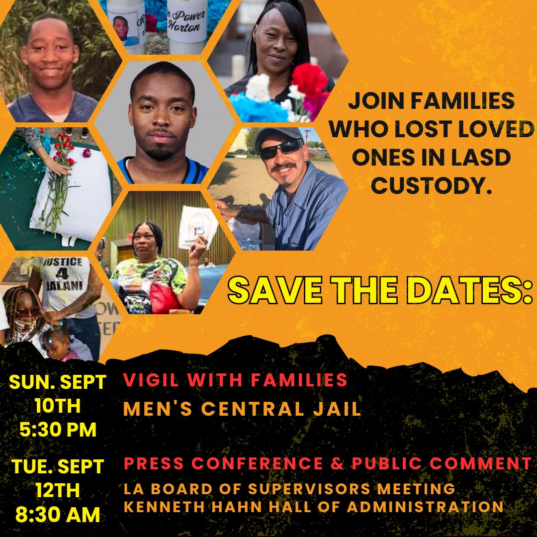 SAVE THE DATES: 📌September 10th 5:30PM vigil outside MCJ 📌September 12th 8:30AM press conference and public comment at LA Board of Supervisors Meeting What more will it take for @LACountyBOS to follow through on their Care First promise and #CloseMCJ? No. More. Delay.