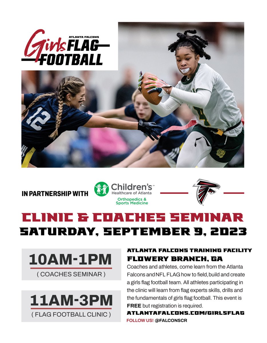 The season is near! 🏈 Register now to attend our upcoming Girls Flag Football Clinic & Coaches Seminar on Saturday, September 9 at the Falcons Training Facility! Athletes and coaches registration 👇 atlantafalcons.com/girls-flag-foo…