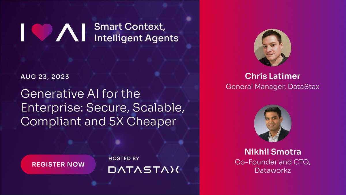linuxgeek77's tweet image. GenAI for the enterprise, but make it secure, scalable, compliant & cost-effective.
Join DataStax's Chris Latimer and Dataworkz's Nikhil Smotra as they share use cases and building blocks for driving success with GenAI apps.
Register for I Love AI: ow.ly/kHu9104QCLq