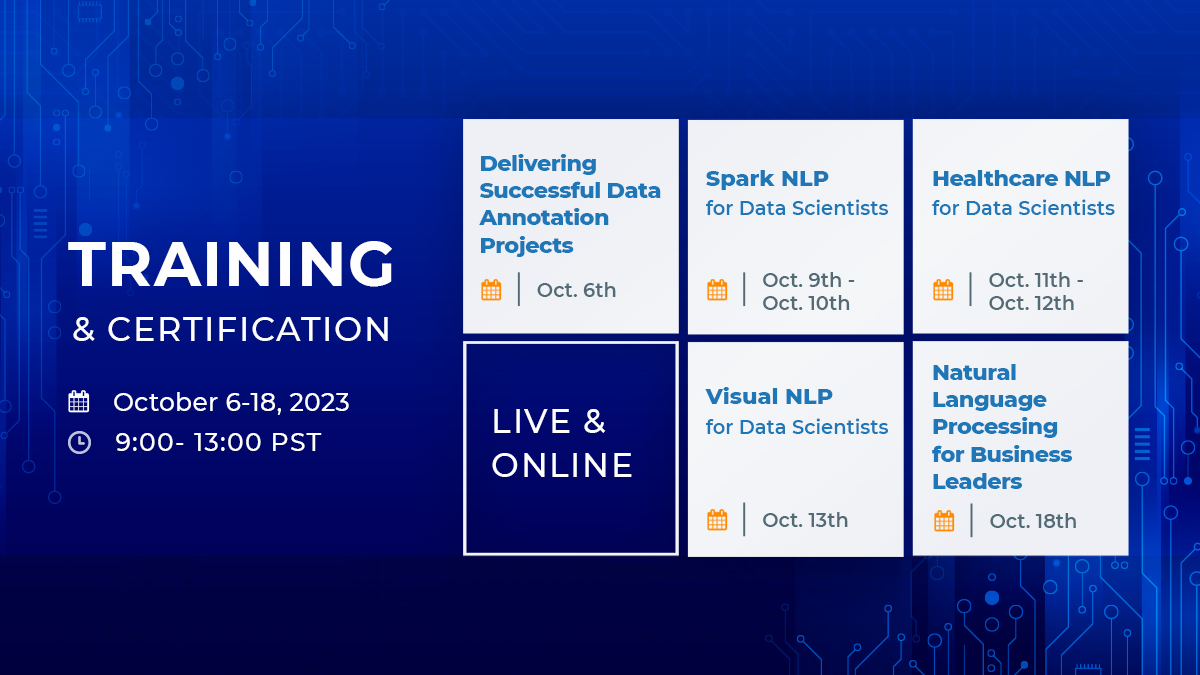JohnSnowLabs's tweet image. We invite you to attend our upcoming training sessions and take your data science skills to the next level! 
Learn more: hubs.li/Q01-HcPl0 
#DataAnnotationProjects #SparkNLP #HealthcareNLP #VisualNLP #BusinessLeaders #TrainingSessions