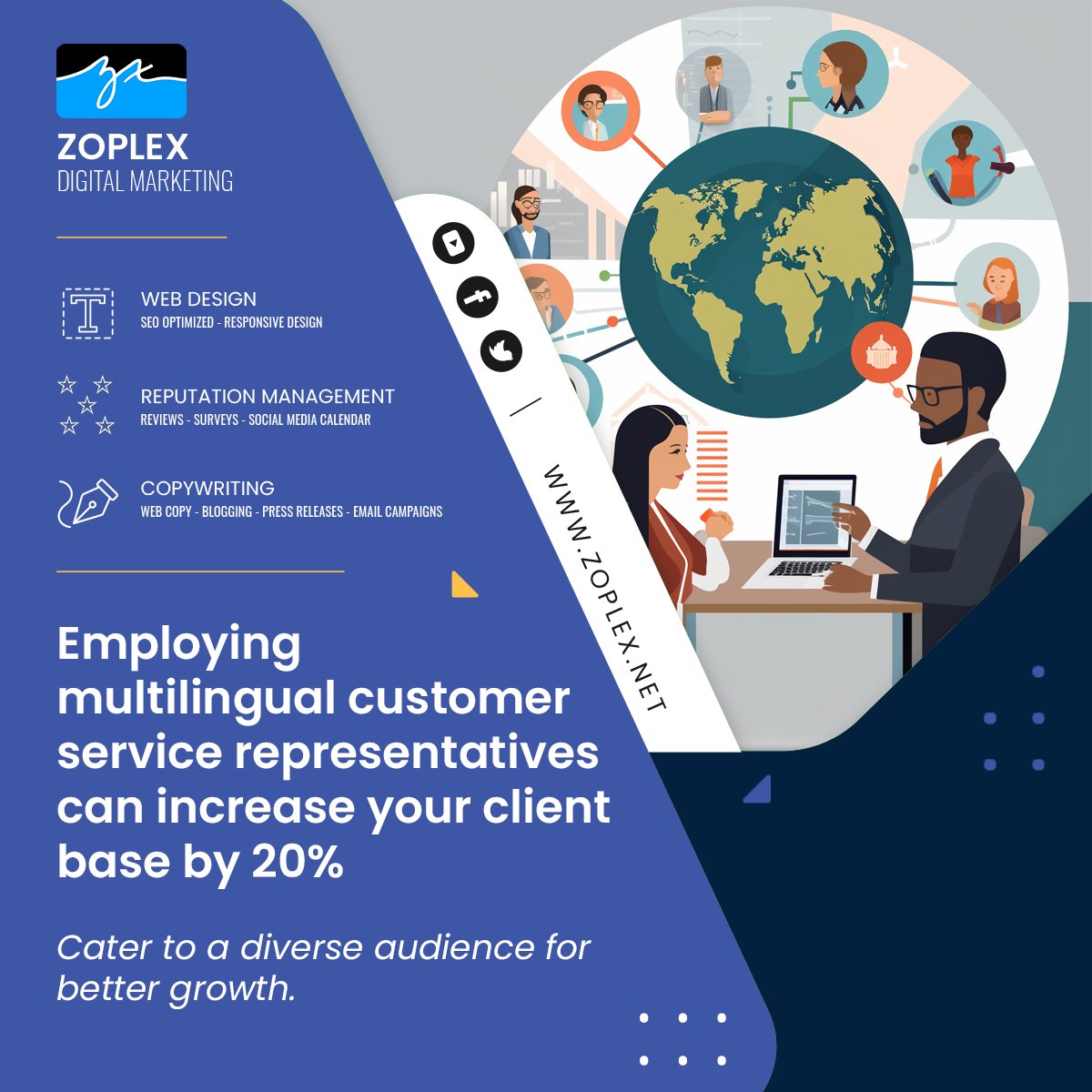 Employing multilingual customer service representatives can increase your client base by 20%. Cater to a diverse audience for better growth.

#MultilingualSupport #DiverseClientele #CustomerService #InsuranceGrowth #MarketExpansion