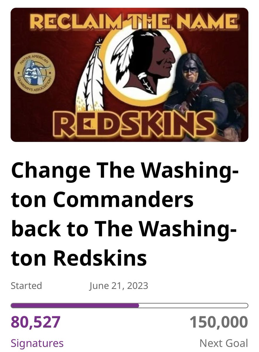 A petition started by the Native American Guardians Association (@GuardiansNative) to change the team name back to the Redskins has reached more than 80,000 signatures