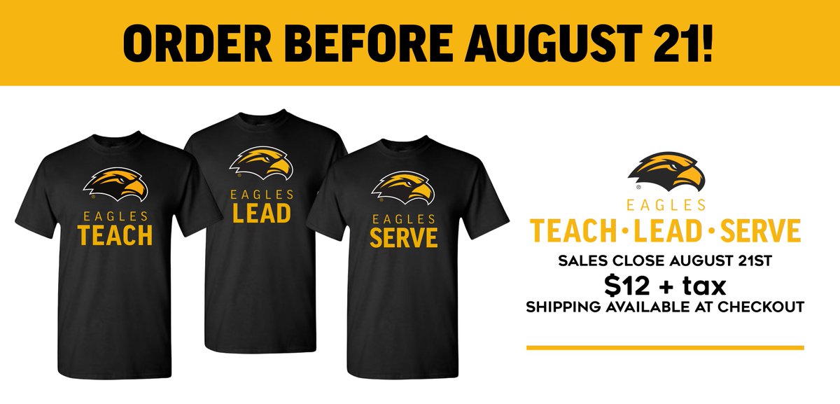 USM_CEHS's tweet photo. Be sure to order your #EaglesTeach, #EaglesLead or #EaglesServe shirt by Monday, Aug. 21 โก https://t.co/sTpoOp611J ๐ฆ
#SMTTT https://t.co/wsqz6rpwPr