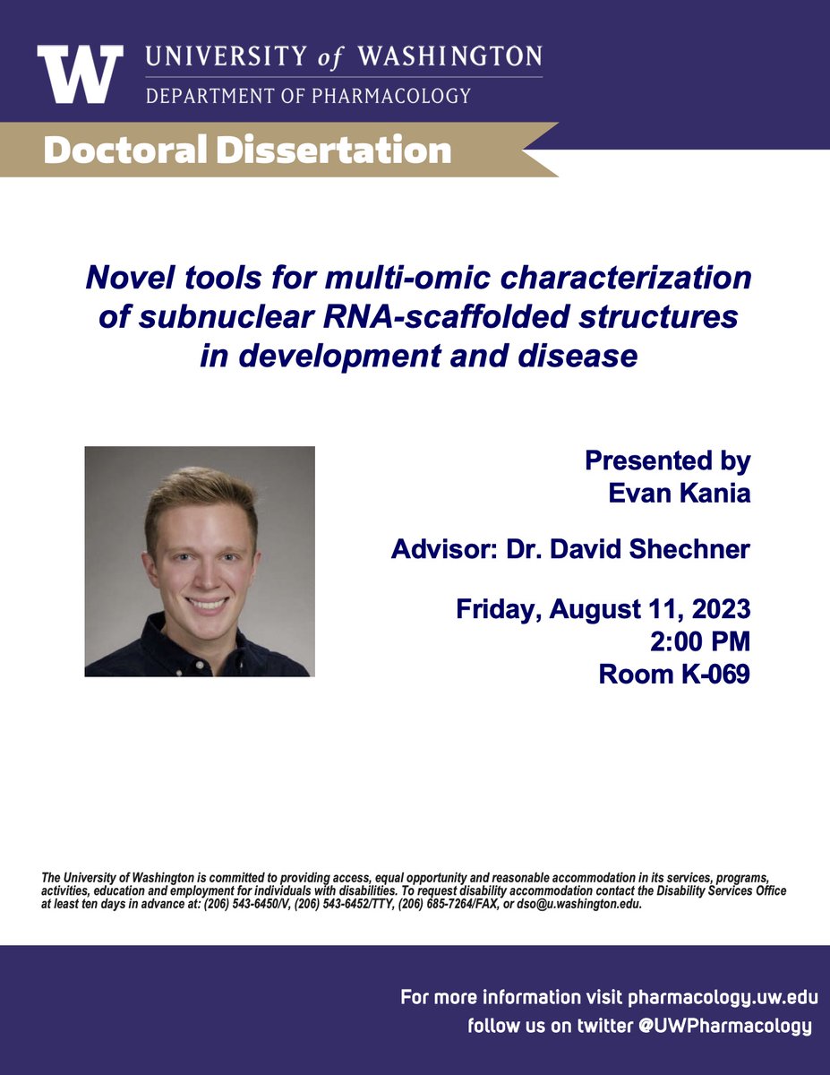 Please join us TODAY for Evan Kania's (of @ShechnerLab) thesis defense! 'Novel tools for multi-omic characterization of subnuclear RNA-scaffolded structures in development and disease' 2 pm (PST) HSB Room K-069 PM for Zoom link