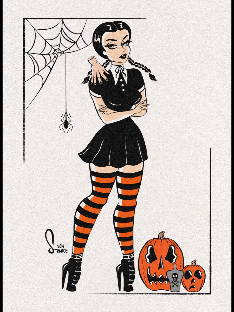 vonstrange_'s tweet photo. “Wednesday Addams” forever 🖤🕸️🎃 Prints in bio! #Wednesday #wednesdayaddams #codeorange #halloween #onwednesdayswewearblack #spooky #pinup #darkart #retro #horrorpinup #pumpkins #fall https://t.co/JZZb4XTwvs