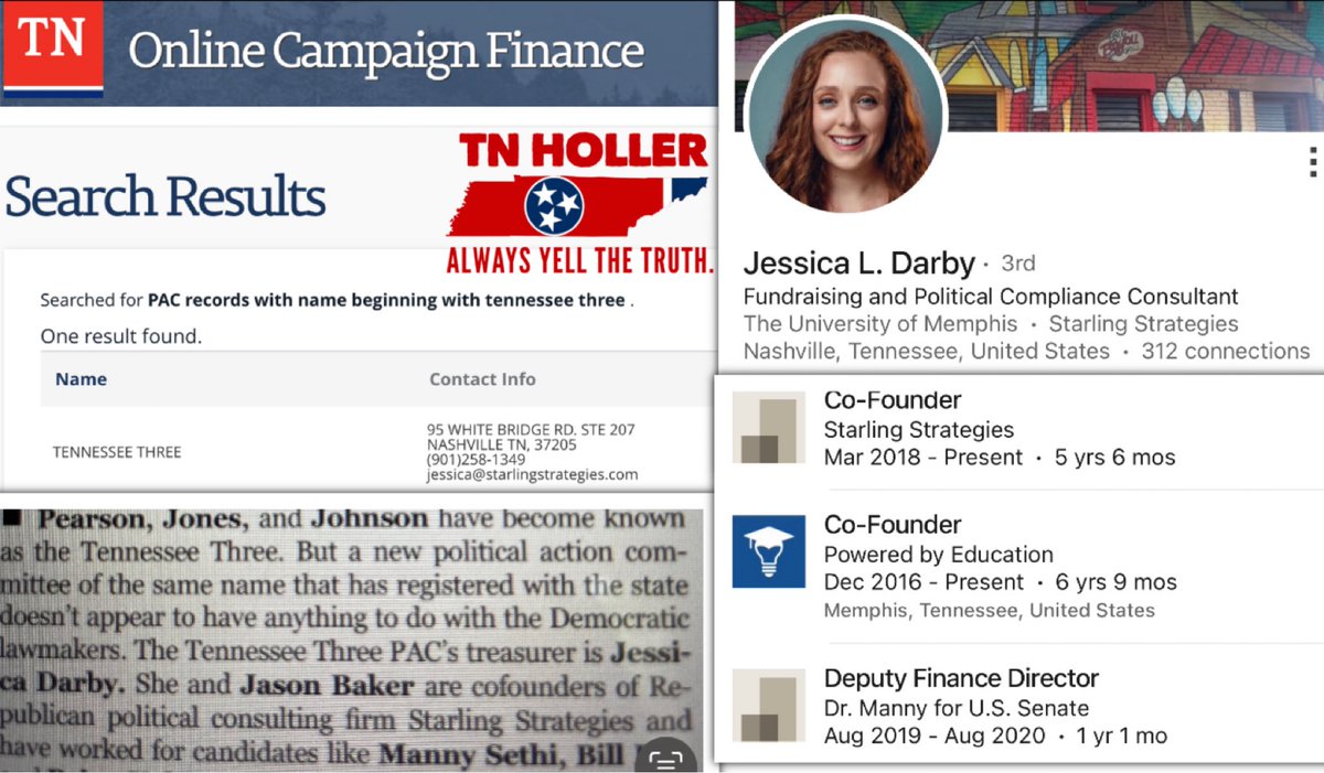 TheTNHoller's tweet photo. As noted by the @tnjournal — a “Tennessee Three PAC” that has NO CONNECTION to the actual Tennessee Three (Pearson, Jones, Johnson) has been registered with @JessicaLDarby as treasurer, a “fundraising consultant” who worked on Republican Manny Sethi’s senate campaign. https://t.co/Y2Jeld8uBh