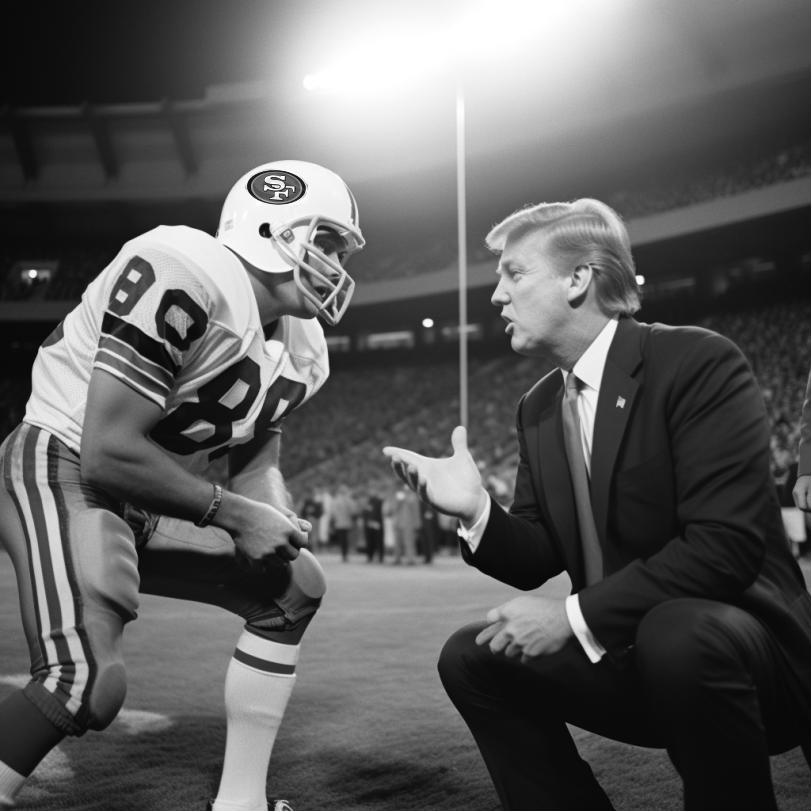 Trump_History45's tweet photo. Donald Trump and Joe Montana call a play during a time out during the 1985 NFC Championship game against the Chicago Bears at Candlestick Park in San Francisco. https://t.co/szIvIKSdJj