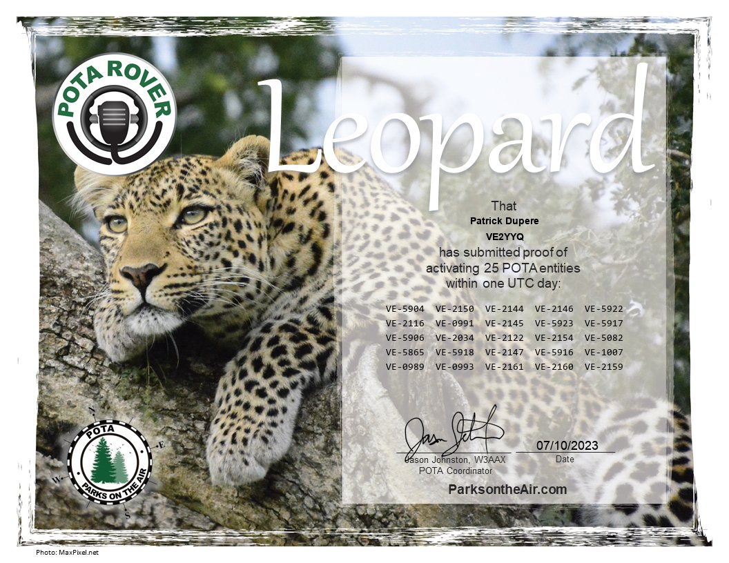ve2yyq's tweet photo. My POTA Rover for July 2023
Rhino Rover 1x
• 2023-07-15
Ostrich Rover 1x
• 2023-07-07
Leopard Rover 1x
• 2023-07-10
Thanks to all P2P and Hunters.
#POTA #ParksOnTheAir #POTAROVER
#VE2YYQ https://t.co/dn6g7KovDB