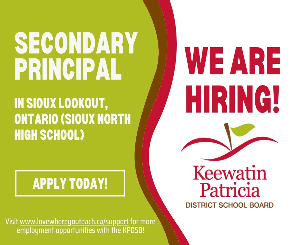 We're hiring! Check out this open job posting for a Secondary Principal at Sioux North High School. Link to job posting - kpdsb.simplication.com/Applicant/jobp…

Visit lovewhereyouteach.ca/#jobs for open teaching positions or non-teaching/support jobs!
#KPDSBPride #JoinOurTeam