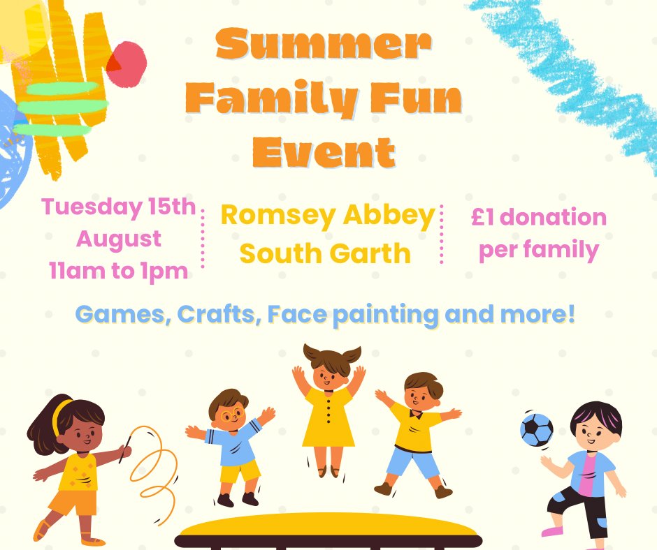 Join us for our Summer Family event: Tues 15th August 11am-1pm in the Abbey South Garth. Lots to see and do: Face Painting, Hair Braising, Ladder Toss, Flamingo Ringo, Crafts, Ice Cream, Music & space to relax and have fun. Please bring a picnic with you. £1 donation per family.