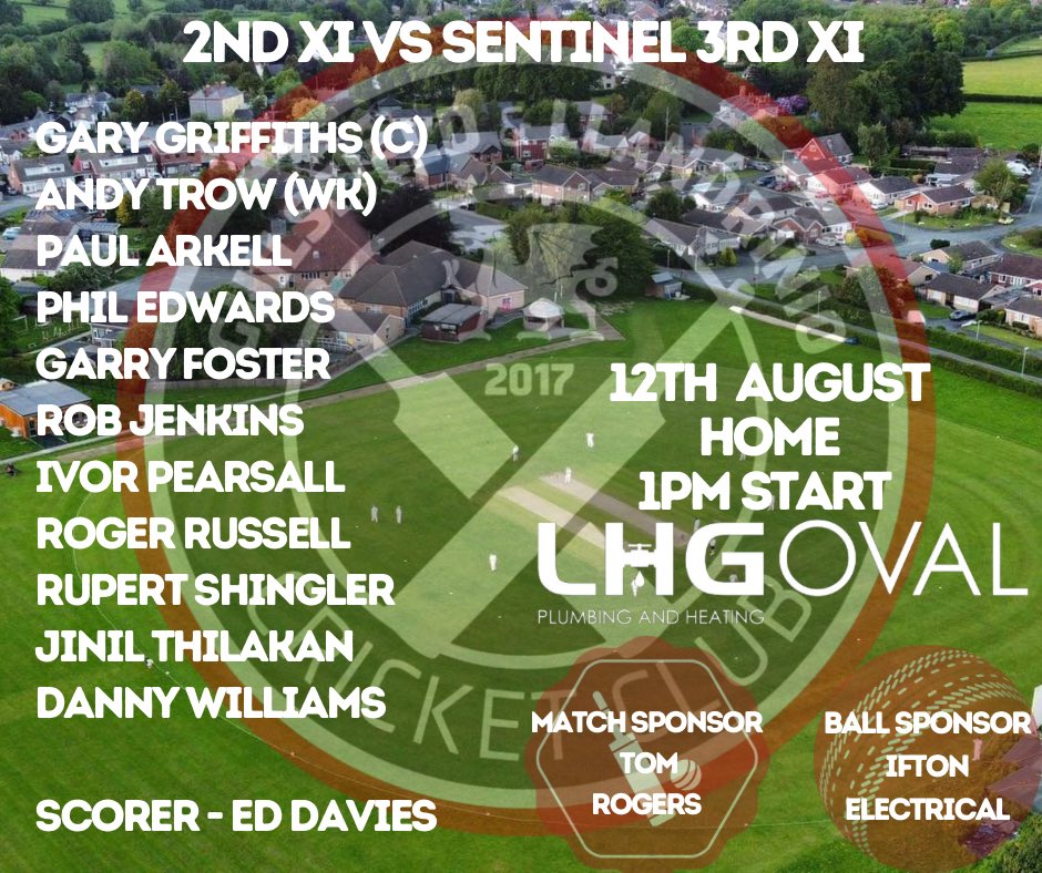 Team News for our fixtures tomorrow 🏏 1sts travel to @FranktonCC to take on their 2nds. 2nds host @sentinel_cc CC 3rds Match sponsored by Tom Rogers Ball sponsored by Ifton Electrical Many Thanks to both 🙏 @mansfieldsportg @ShropCCLeague