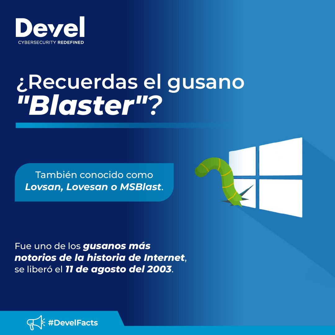 ⚠️🔐 'Blaster' conocido también como Lovsan, Lovesan o #MSBlast, fue uno de los gusanos más notorios de la historia de Internet, se liberó el 11 de agosto del 2003.

Aprovechó una #vulnerabilidad en el sistema operativo Windows y se propagó de forma masiva.

#DevelFacts