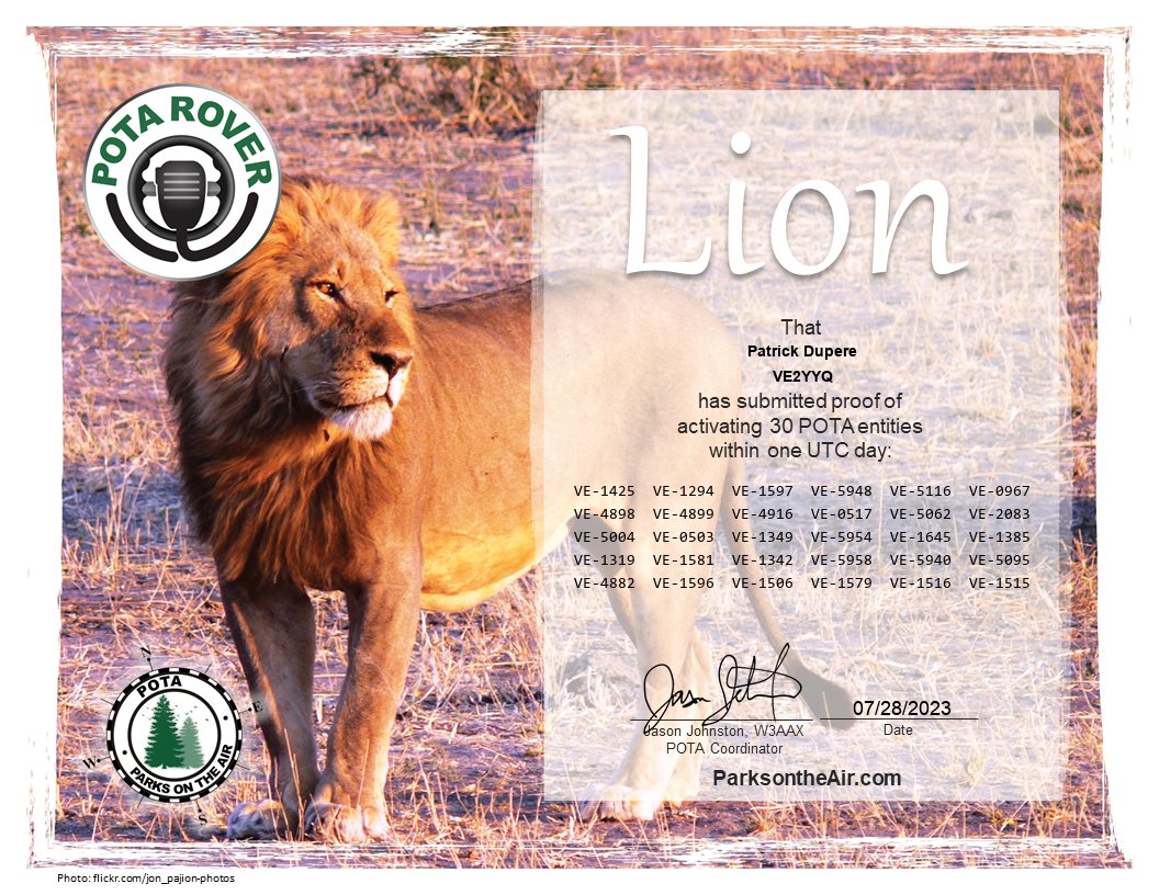 ve2yyq's tweet photo. My POTA Rover for July 2023
Lion POTA Rover 3x
• 2023-07-04
• 2023-07-27
• 2023-07-28
Thanks to all P2P and Hunters.
#POTA #ParksOnTheAir #POTAROVER
#VE2YYQ https://t.co/ixWgu5wQzc
