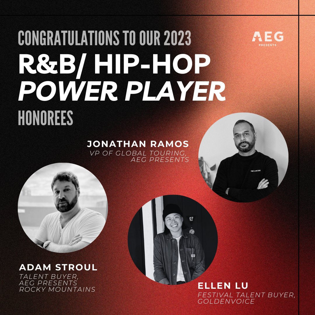 Congratulations to Ellen Lu of <a href="/goldenvoice/">goldenvoice</a> and Jonathan Ramos + Adam Stroul of <a href="/AEGPresents/">AEG Presents</a> for being named to the <a href="/billboard/">billboard</a>  2023 R&amp;B/Hip-Hop Power Players list of executives across all sectors who are driving the genres forward. 

More here: bit.ly/3KBCtCB
