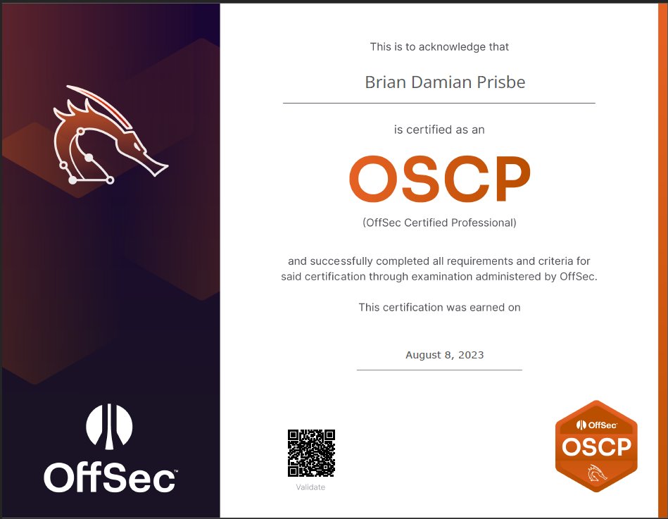 BrianPrisbe's tweet photo. Happy to announce that I have passed OSCP. Thank you to @offsectraining. This took a lot of hard work and dedication. Just had to #TryHarder https://t.co/0ojI140WPe