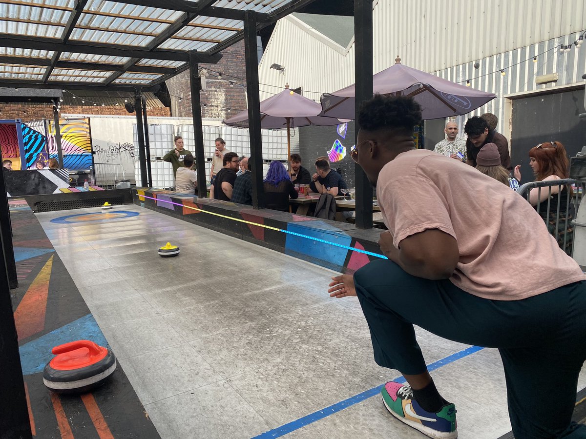 FlixInteractive's tweet image. Today was summer party day for Flix Interactive! The team descended en masse on our party venue for games, batting cages, curling, and plenty of wholesome summer vibes. High fives to all!