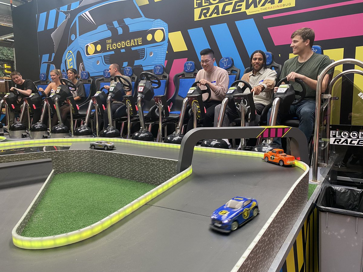 FlixInteractive's tweet image. Today was summer party day for Flix Interactive! The team descended en masse on our party venue for games, batting cages, curling, and plenty of wholesome summer vibes. High fives to all!