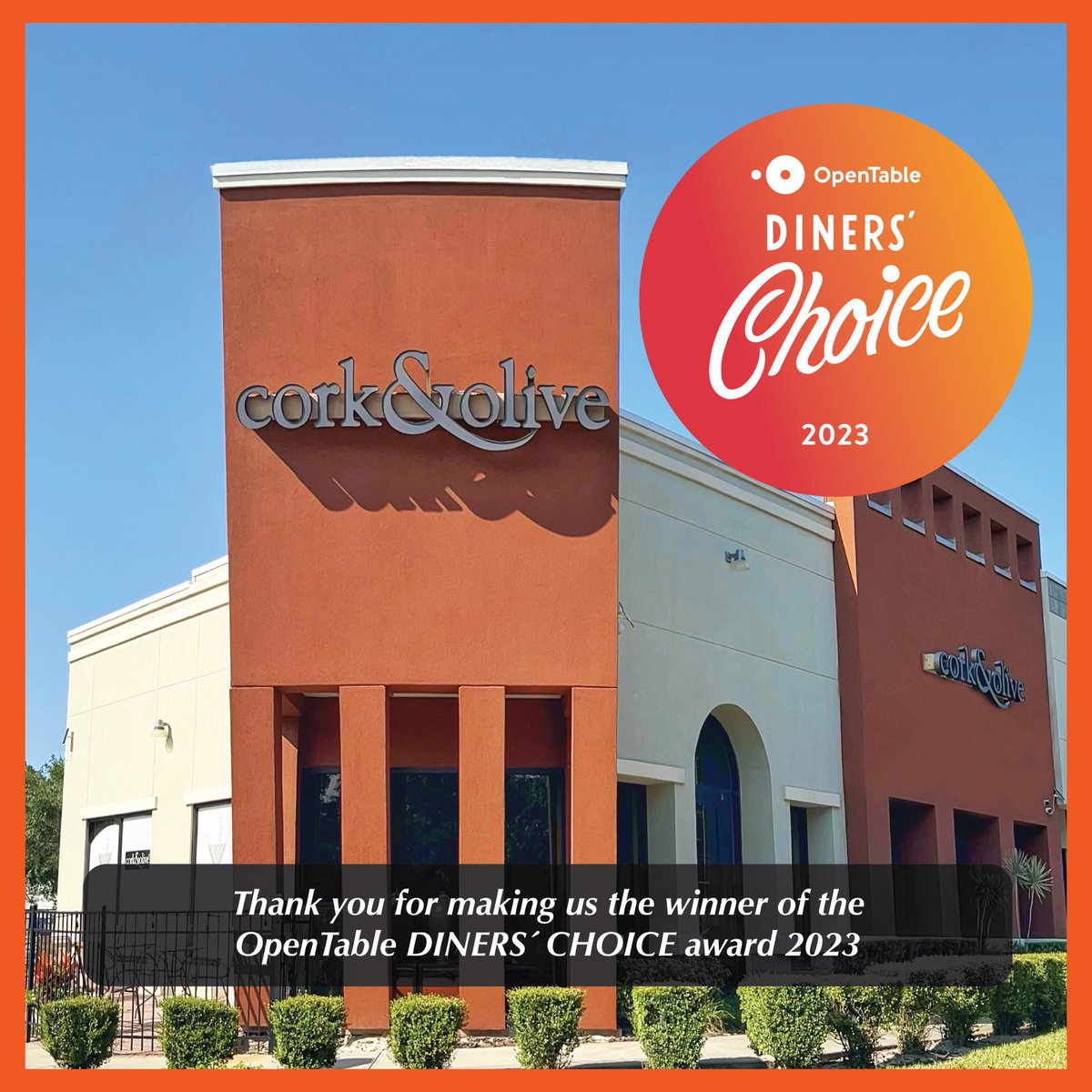 corkandolive's tweet photo. Thank you for choosing us as the winner of the @opentable DINERS’ CHOICE award 2023 https://t.co/e1ncNwzVDx