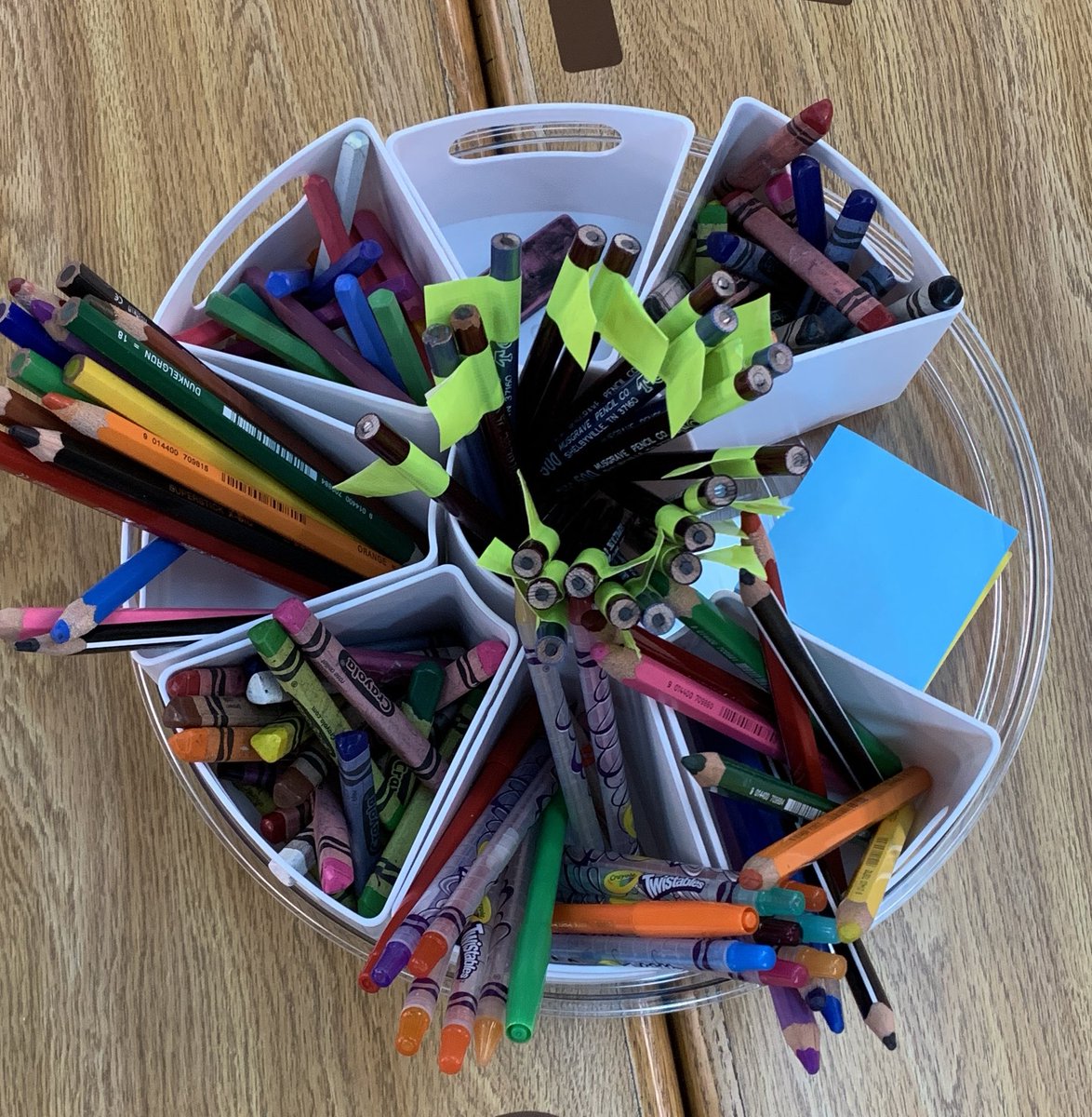 carolynvibbert's tweet image. Another small space finished! Lazy susans with removable supplies so I can put out only what is needed. Labeled tables to facilitate organized seating. I used symbols from popular nonfiction topics. #PWCSLibraries