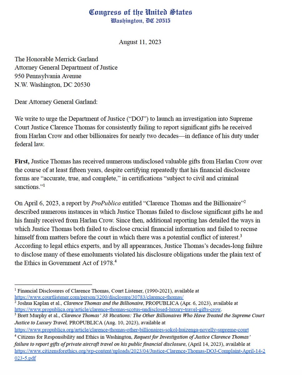 RepAOC's tweet image. No one is above the law. For two decades, Justice Thomas failed to report millions in gifts. Today, we asked DOJ to investigate Thomas for violating the Ethics of Government Act of 1978. We are joined by Ranking Members Nadler &amp;amp; Raskin, and Judiciary Members Lieu &amp;amp; Hank Johnson.