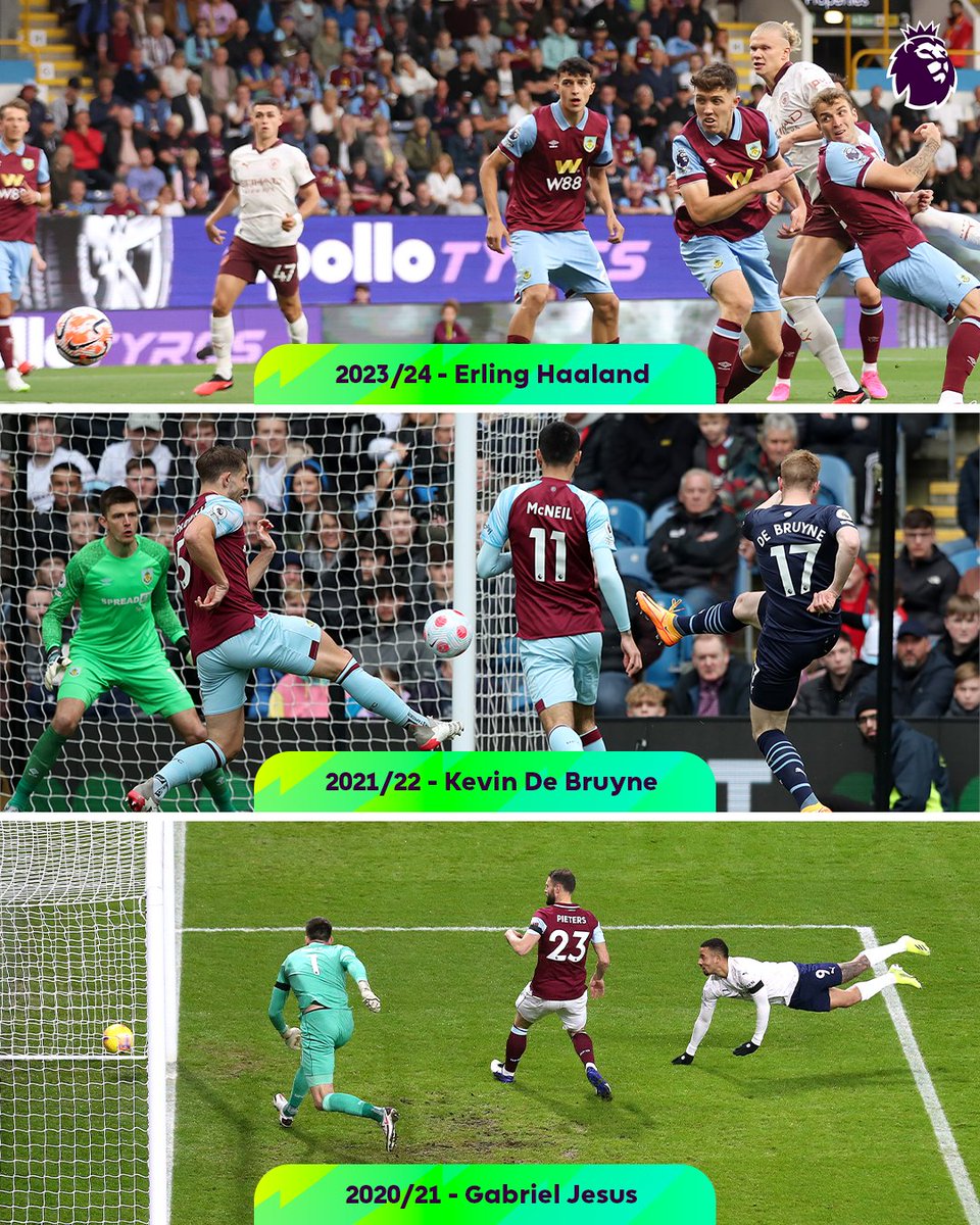 premierleague's tweet photo. It's the third consecutive Premier League match where Man City have scored in the fifth minute or earlier at Turf Moor 🤯 

#BURMCI https://t.co/fODsF81f8k