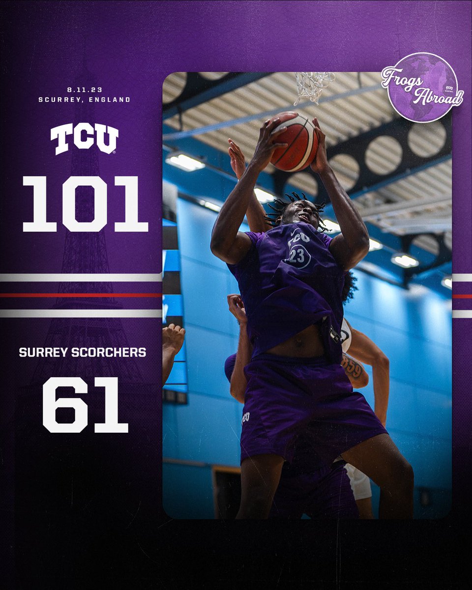 TCUBasketball's tweet photo. TCU outscores Surrey 62-26 in the second half to finish its foreign tour 4-0.

Points Leaders:
Udeh - 15 (8 rebs.)
Mostafa - 14 
Nelson - 11 (6 assists)
Peavy - 10 
Miller - 8 (8 rebs./6 assists)

#GoFrogs https://t.co/ItjvaE387Z