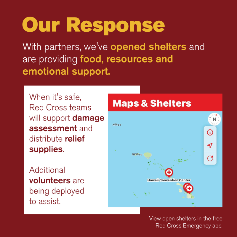 RedCross's tweet photo. The #MauiFires are some of the deadliest U.S. wildfires in recent history. Since the fires began, we've been working w/ our partners to provide evacuated residents &amp; tourists shelter, food, mental health support, &amp; more. Swipe to learn more about our response &amp; ways you can help.