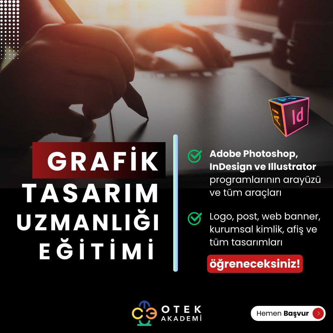 Grafik Tasarım Uzmanlığı Eğitimi hakkında bilgi almak için bizlere;
0536 452 45 02 Whatsapp hattımızdan,
<a href="/otekakademi/">OTEK Akademi Kariyer Merkezi</a> Instagram hesabımızdan,
otekakademi.com.tr web sayfamızdan ulaşabilirsiniz.

#grafiktasarım #grafiktasarımkursu #photoshop #indesign #illustrator