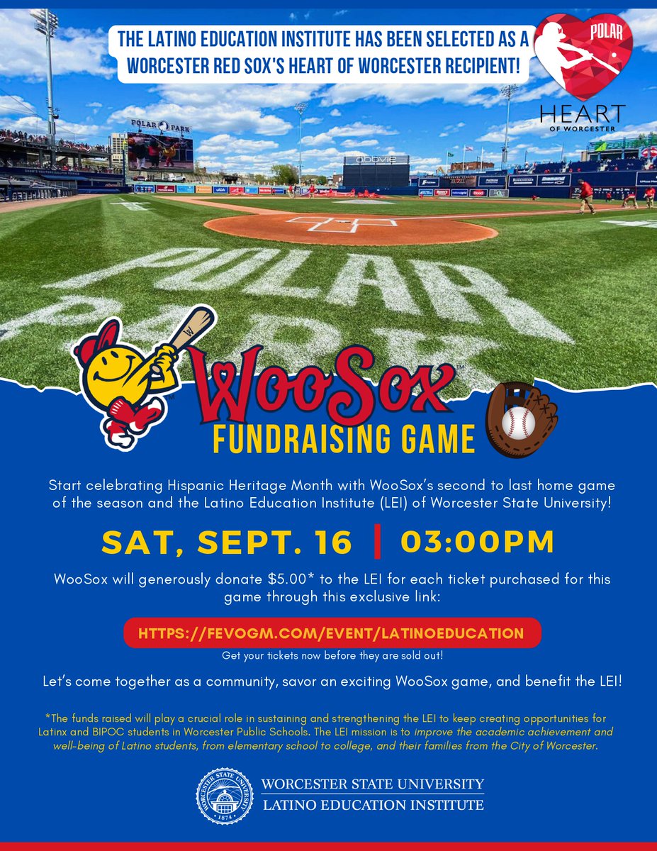 We are delighted to announce that the LEI has been chosen as the @WooSox Heart of Worcester recipient!❤️⚾
Join us on Sat, Sept 16 for a game where the WooSox will donate $5 to support the LEI's mission for every ticket purchased through this link: fevogm.com/EVENT/LATINOED…🙌