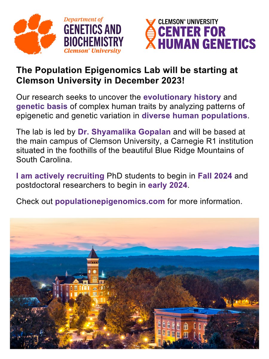 I'm BEYOND excited to announce that I will be starting my lab in December at Clemson University investigating the evolutionary history and genetic bases of complex traits: populationepigenomics.com And I am recruiting! Please retweet and share this flyer with your networks.