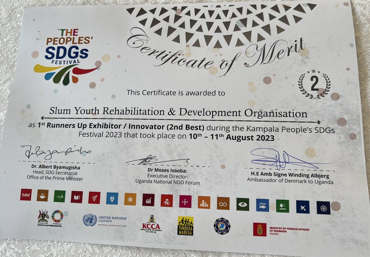 Ladies and Gentlemen I bring you the 1st Runners up for the best Exhibitor / Innovator during the Kampala people’s SDGs festival 2023
#SDGsFestival #TondekaMabega 
@OPMUganda @UNinUganda @ngoforum @GNB_Uganda @CRVPF1