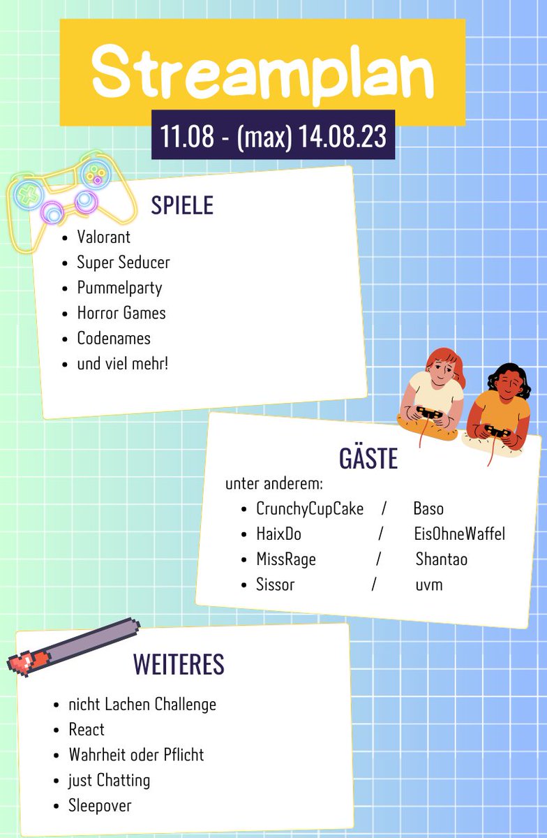 Freunde - morgen geht es endlich los! 
erster Gast ist die liebe <a href="/Sissorstream/">Sissor 🐱🐱🦊</a> ab 12:30 Uhr in der Valo DuoQ. Ich freu mich auf euch ♥