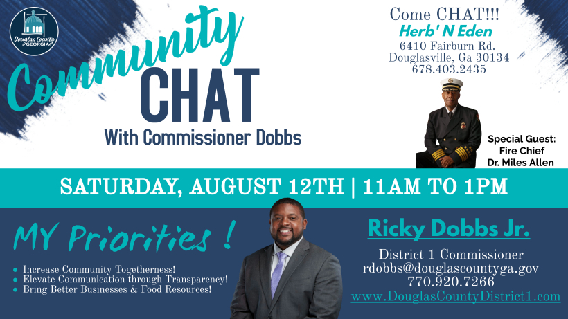 Reminder: Community Chat with District 1 Commissioner Ricky Dobbs TOMORROW from 11:00 AM to 1:00 PM. We look forward to seeing you there!