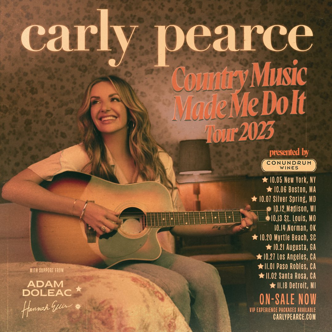 Don't miss <a href="/carlypearce/">Carly Pearce</a> this fall on her headlining #CountryMusicMadeMeDoIt Tour! Tickets on-sale NOW. Plus, listen to the new song! 🤠 carlypearce.lnk.to/CountryMusicMa…