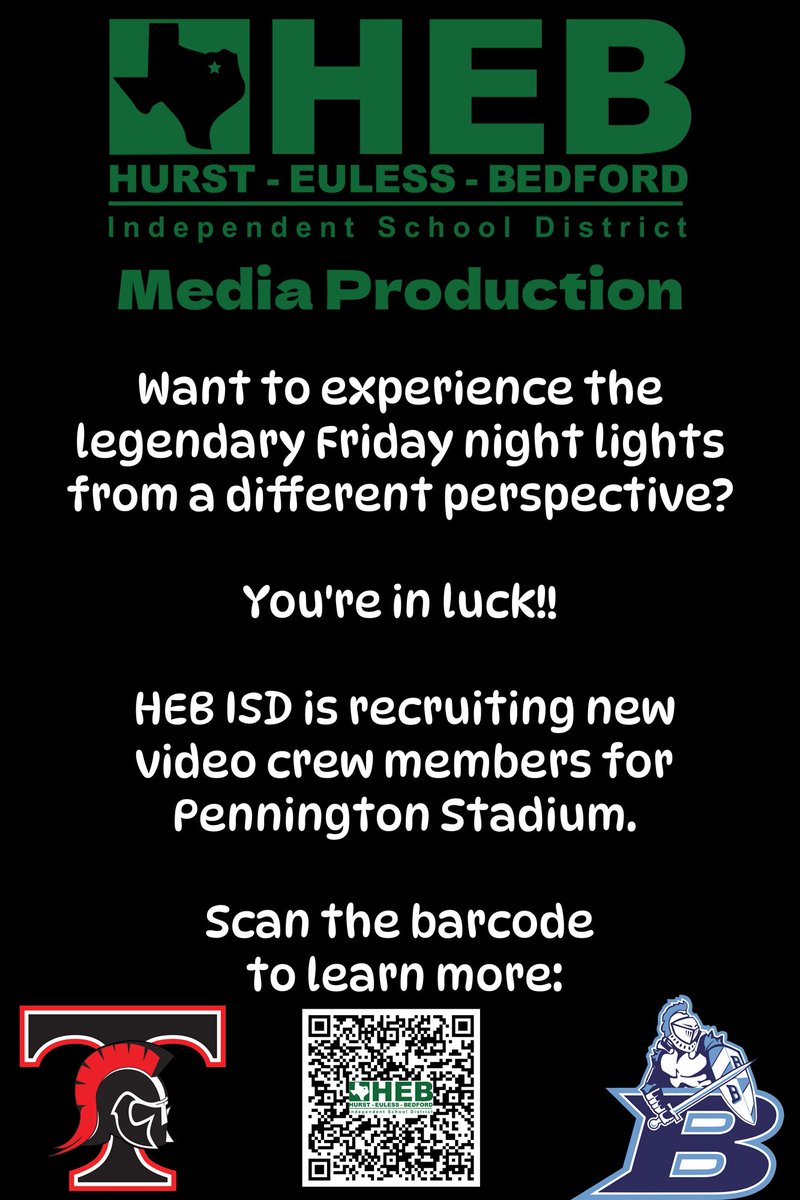 hebisd's tweet photo. Attention HEB ISD high school students: Want to experience the legendary Friday night lights from a different perspective? You're in luck!! HEB ISD is recruiting new Pennington Field video crew members for Fall 2023.
Learn more: https://t.co/tDjyZExDCd https://t.co/D8qlUTO18J