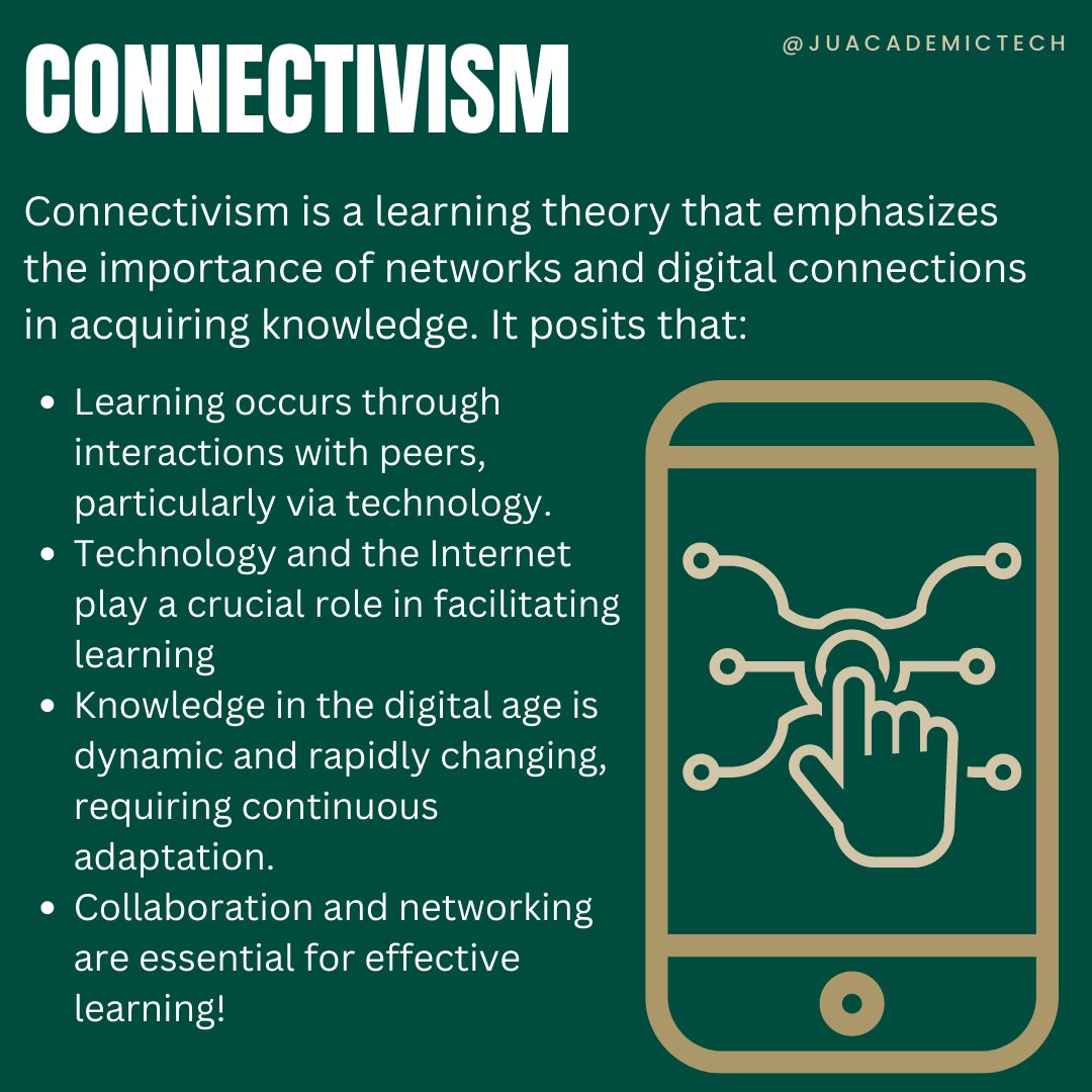 JUAcademicTech's tweet image. Learning theories play a crucial role in higher education by providing frameworks that guide teach methodology and course design. JU&apos;s instructional design team can revamp any portion of your course to be more in line with various learning theories! This week: Connectivism! #JU