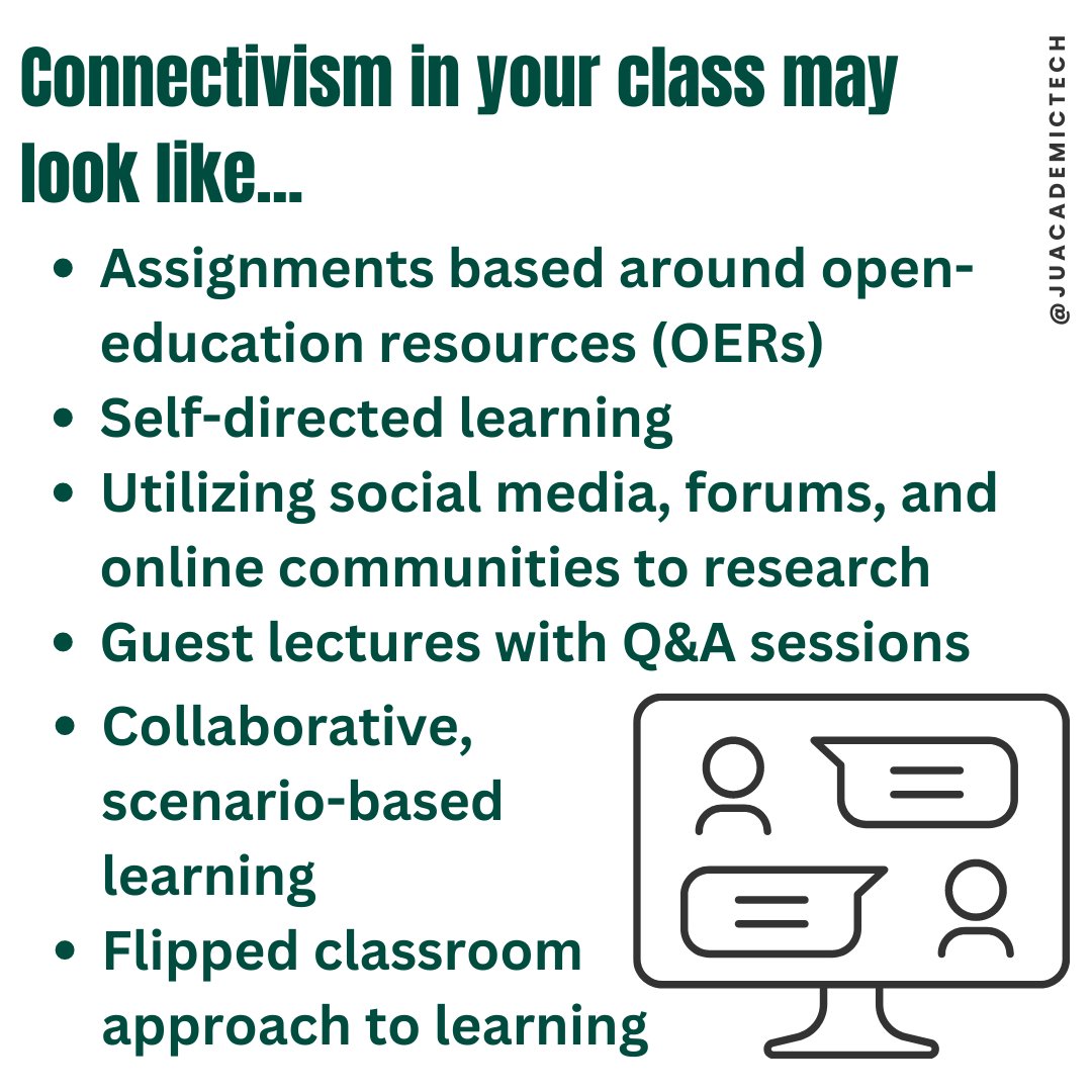 JUAcademicTech's tweet image. Learning theories play a crucial role in higher education by providing frameworks that guide teach methodology and course design. JU&apos;s instructional design team can revamp any portion of your course to be more in line with various learning theories! This week: Connectivism! #JU