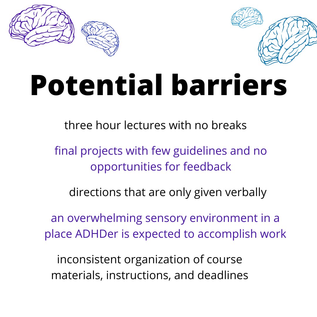 Done prepping for the fall semester? Double check that you're removing barriers for your #ADHD students rather than creating them:

tinyurl.com/7kwy6yef

#AcademicTwitter #HigherEd #DisInHigherEd