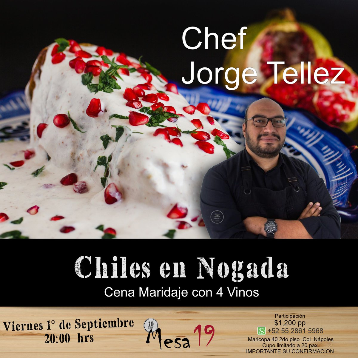 LaMesa19's tweet photo. CHILES EN NOGADA -CENA MARIDAJE
Como cada año, Mesa 19 tiene su propuesta diseñada por el reconocido Chef @chefjorgetellez 
Fecha: 01 de Septiembre
Hora: 20:00
Maridaje
Coctel de Bienvenida (Rebujto)
Cava Español
Vino Rosado Mexicano
Vino Tinto de Napa
Jerez tipo Amontillado https://t.co/53nq58hCc4