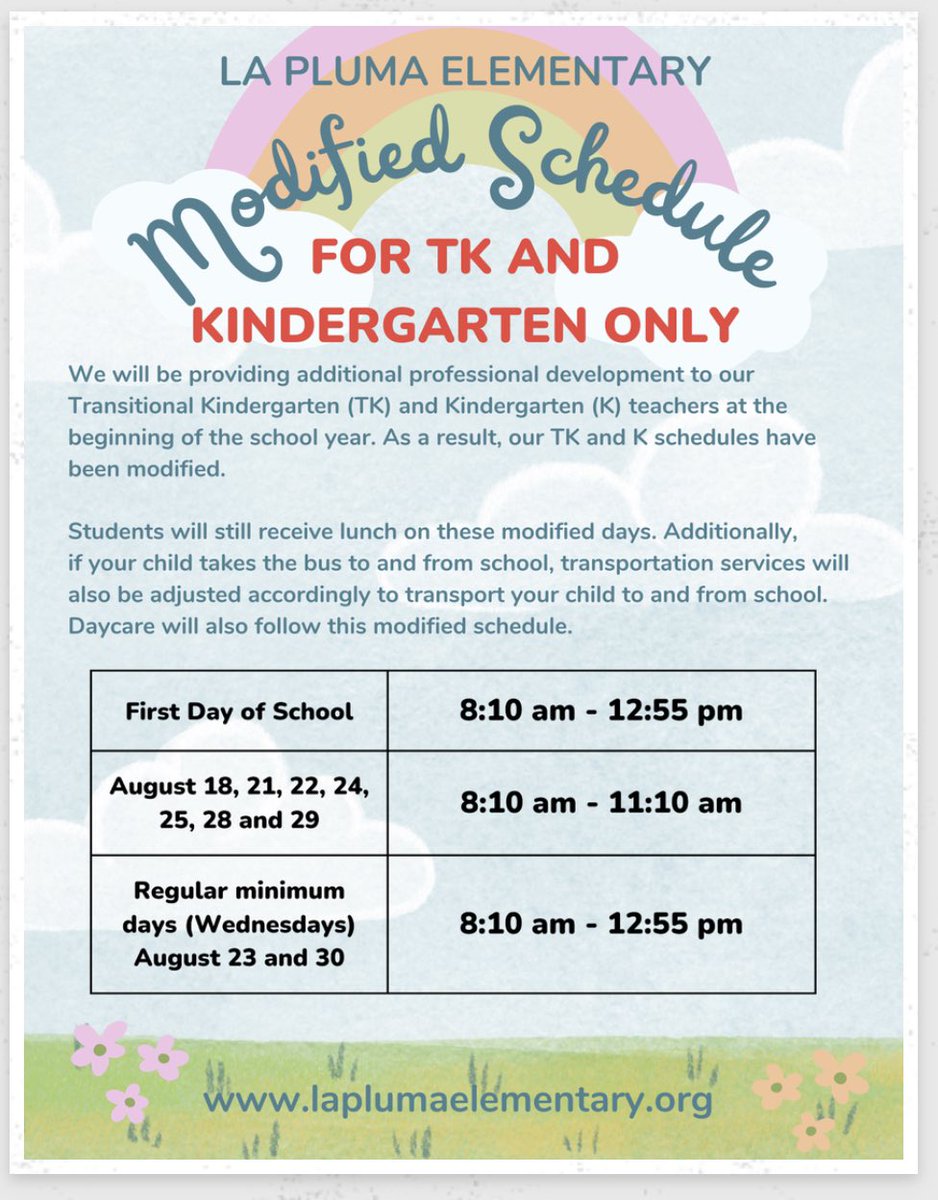 La Pluma is getting ready! TK and Kindergarten modified schedule for the first 10 days of school. #wearelapluma