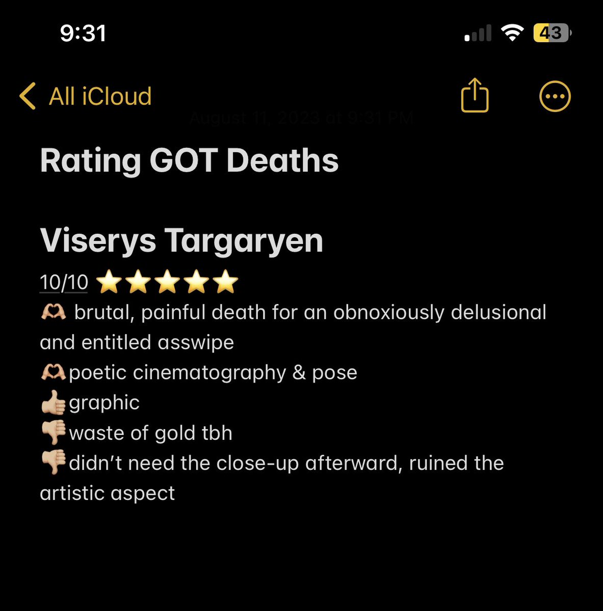 madisonakkerman's tweet photo. as a first time watcher, my bf told me to start ranking the deaths, starting off with a banger #got #GameOfThrones https://t.co/3kViNvgkL6