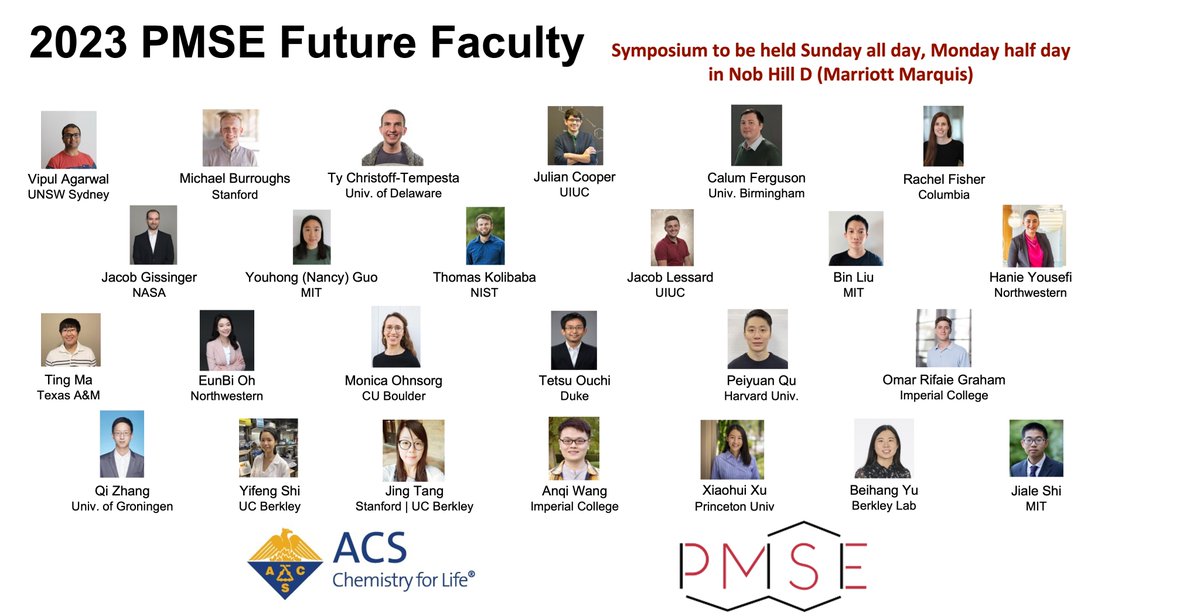 Make sure to check out the @acspmse #FutureFaculty and #EarlyInvestigator honorees at the National ACS Meeting! 
All talks will be at the Marriott Marquis in Nob Hill D. Future Faculty all day Sunday and Monday a.m.; Early Investigator Monday pm and all day Tuesday.
#ACSSanFran