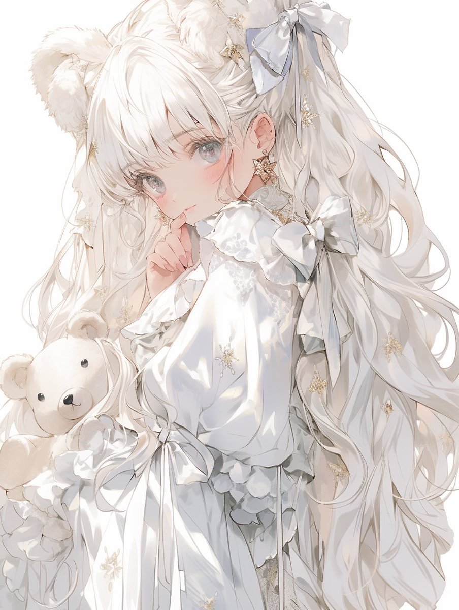 1girl animal ears solo teddy bear long hair white background looking at viewer  illustration images
